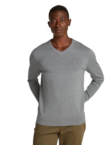 Tommy Hilfiger Herren Pullover Essential Cotton V-Ausschnitt, Grau (Medium Grey Heather), 3XL von Tommy Hilfiger