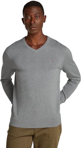 Tommy Hilfiger Herren Pullover Essential Cotton V-Ausschnitt, Grau (Medium Grey Heather), M von Tommy Hilfiger