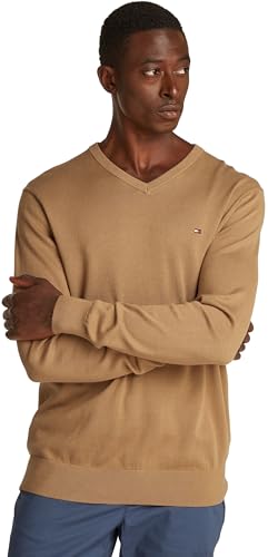 Tommy Hilfiger Herren Pullover Essential Cotton V-Ausschnitt, Beige (Safari Canvas), L von Tommy Hilfiger