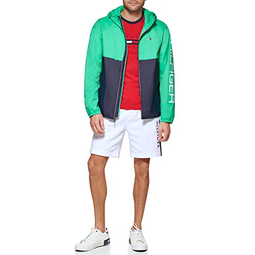 Tommy Hilfiger Herren Leichte, Wasserabweisende Kapuze Regenjacke, Aqua-Grün/Marineblau, XXL von Tommy Hilfiger