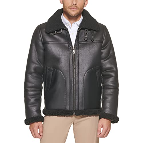 Tommy Hilfiger Herren Faux Shearling Aviator Jacke Pilotenflieger aus Kunstfell, Schwarz, L von Tommy Hilfiger