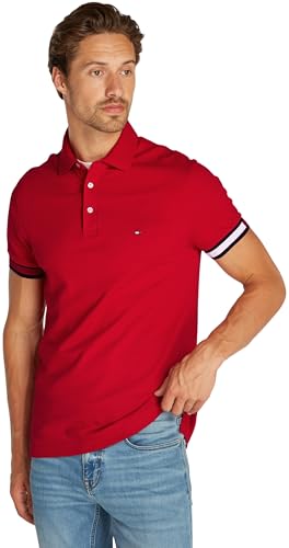 Tommy Hilfiger Herren Poloshirt Kurzarm Flag Cuff Slim Fit, Mehrfarbig (Medium Red), XXL von Tommy Hilfiger