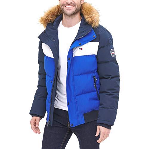Tommy Hilfiger Herren Gesteppte Arctic Cloth Snap Front Schnorchel Bomberjacke Parka, Marineblau/Weiß/Königsblau, M von Tommy Hilfiger