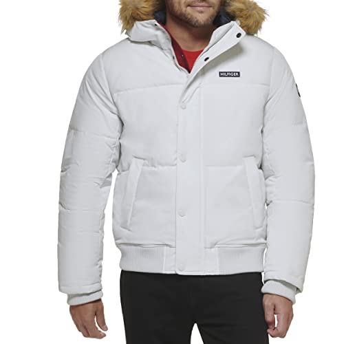 Tommy Hilfiger Herren Gesteppte Bomberjacke aus Stoff mit Druckknöpfen vorne Schnorchel, White Tech, S von Tommy Hilfiger