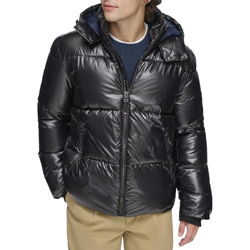 Tommy Hilfiger Herren Glänzender Gesteppter Puffer Patch-Logo Jacke, Schwarz, S von Tommy Hilfiger