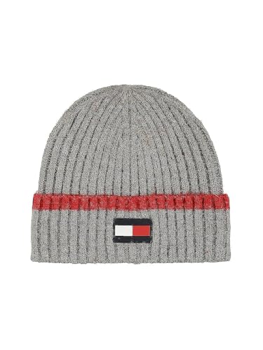 Tommy Hilfiger Herren Gummi-Flagge Patch Spitze Rippbündchen Hut Beanie-Mütze, Meliert, Grau, Einheitsgröße von Tommy Hilfiger