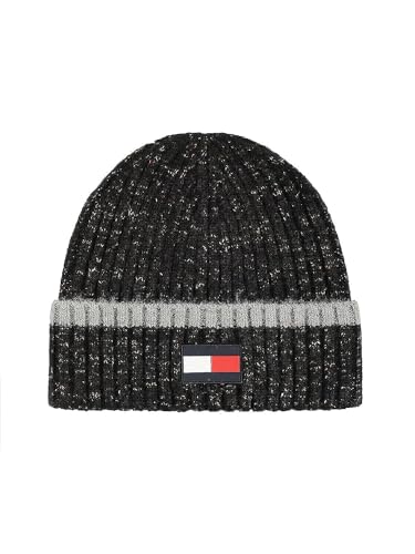 Tommy Hilfiger Herren Gummi-Flagge Patch Spitze Rippbündchen Hut Beanie-Mütze, Schwarz, Einheitsgröße von Tommy Hilfiger