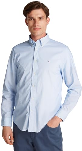 Tommy Hilfiger Herren Hemd Flex Poplin Fake Solid Regular Fit, Blau (Optic White Prt), XS von Tommy Hilfiger
