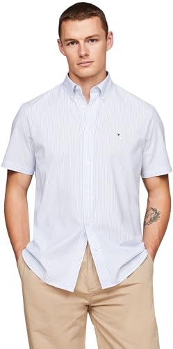 Tommy Hilfiger Herren Hemd Flex Poplin Kurzarm, Mehrfarbig (Cloudy Blue / Optic White), XS von Tommy Hilfiger