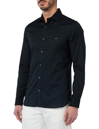 Tommy Hilfiger Herren Hemd Kent Collar Flex Poplin Shirt Langarm, Schwarz (Black), S von Tommy Hilfiger