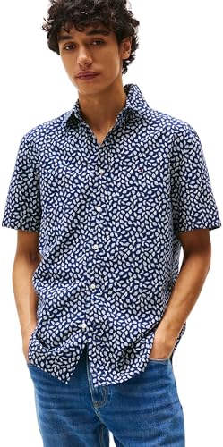 Tommy Hilfiger Herren Hemd Linen Blend Kurzarm, Mehrfarbig (Preppy Navy/Ivory Petal), M von Tommy Hilfiger