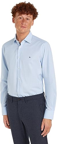 Tommy Hilfiger Herren Hemd Stretch Gingham Regular-Fit Langarm, Blau (Light Blue/White), 40W von Tommy Hilfiger