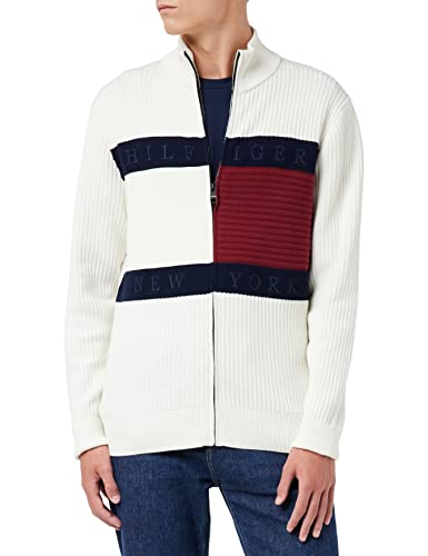 Tommy Hilfiger Herren Hilfiger Structure Flag Zip Thru MW0MW25343 Strickjacken, Weiß (Ivory), L von Tommy Hilfiger