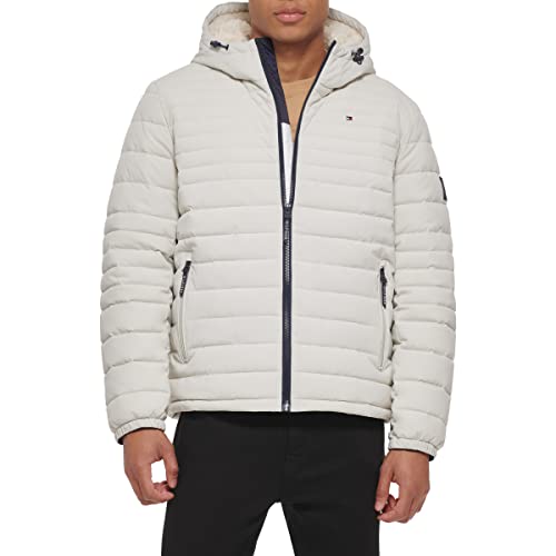 Tommy Hilfiger Herren Hooded Packable Jacket with Lining Packbare Stretch-Poly-Kapuzenjacke mit Sherpa-Futter, EIS, L von Tommy Hilfiger