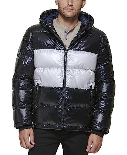 Tommy Hilfiger Herren Hooded Puffer Jacket (Standard and Big & Tall) Daunenalternativer Mantel, Schwarz/Weiß, Perlglanz, L von Tommy Hilfiger