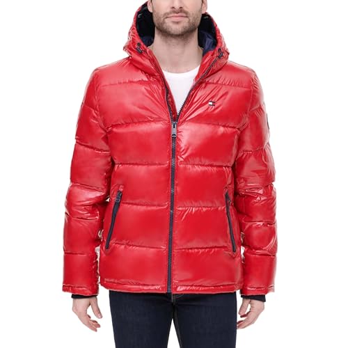 Tommy Hilfiger Herren Hooded Puffer Jacket (Standard and Big & Tall) Daunenalternativer Mantel, Perlglanz-Rot, L von Tommy Hilfiger