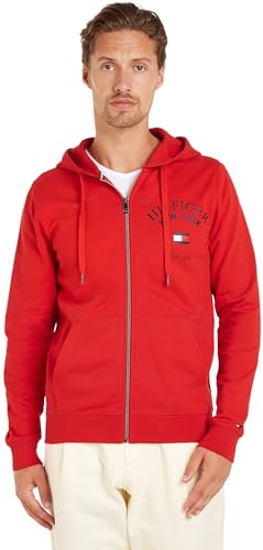 Tommy Hilfiger Herren Hoodie Arched Varsity Zip Thru Zipper, Rot (Fierce Red), 36W / 34L von Tommy Hilfiger