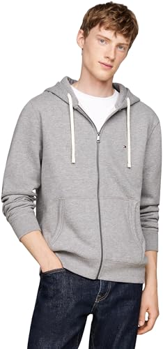 Tommy Hilfiger Herren Hoodie mit Reißverschluss Essential Fleece Zip Through mit Taschen, Grau (Medium Grey Heather), XL von Tommy Hilfiger