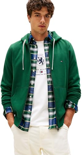 Tommy Hilfiger Herren Hoodie mit Reißverschluss Essential Fleece Zip Through mit Taschen, Grün (Ornamental Green), XL von Tommy Hilfiger