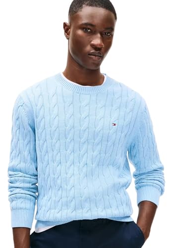Tommy Hilfiger Herren Iconic Zopfstrickpullover Kollektion 2024, Hellblau meliert, XL von TOMMY HILFIGER