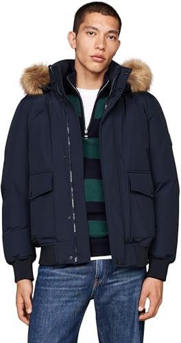 Tommy Hilfiger Herren Jacke Rockie Down Bomber abnehmbare Kapuze, Blau (Desert Sky), L von Tommy Hilfiger