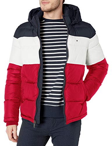 Tommy Hilfiger Herren Pufferjacke mit Kapuze Daunenjacke für Oberbekleidung, Midnight/White/Red, S von Tommy Hilfiger