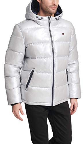 Tommy Hilfiger Herren Klassische Kapuzenjacke (Normale Größen) Daunenalternative Mantel, Grau mit Perlglanzeffekt, M von Tommy Hilfiger