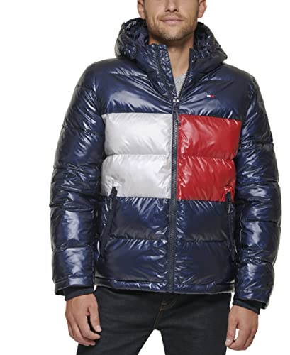 Tommy Hilfiger Herren Pufferjacke mit Kapuze Daunenalternativer Mantel, Tommy-Flagge, Perlglanz, Marineblau, L von Tommy Hilfiger