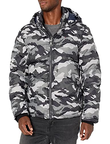 Tommy Hilfiger Herren Klassische Kapuzenjacke Daunenalternative Mantel, Grau, Camouflage, S von Tommy Hilfiger