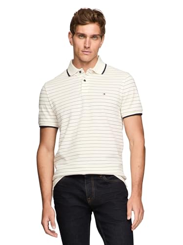 Tommy Hilfiger Herren Kurzarm Casual Poloshirts in Regular Fit mit Streifendesigns, Elfenbeinfarbenes Blütenblatt/Desert Sky, L von Tommy Hilfiger
