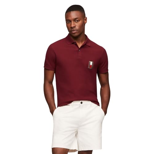 Tommy Hilfiger Herren Kurzarm Casual Poloshirts in Regular Fit mit Stretch und vertikalem Logo Designs, Deep Rouge, XL von Tommy Hilfiger