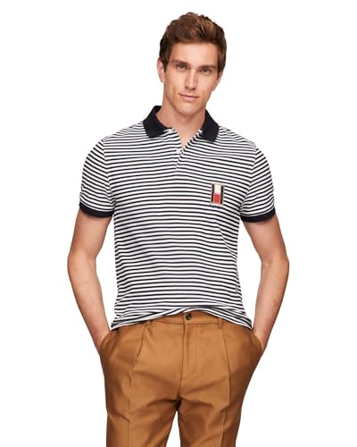 Tommy Hilfiger Herren Kurzarm Casual Poloshirts in Regular Fit mit Stretch und vertikalem Logo Designs, Desert Sky/White, XX-Large von Tommy Hilfiger