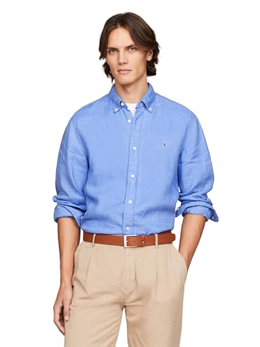 Tommy Hilfiger Herren Langarm Casual Leinen Button Down in Regular Fit, Blauer Zauberspruch, Mittel von Tommy Hilfiger