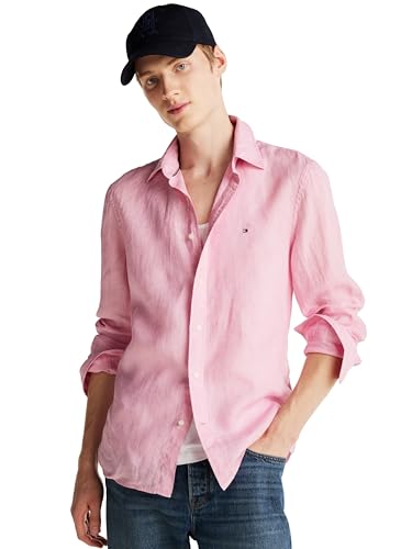 Tommy Hilfiger Herren Langarm Casual Leinen Button Down in Regular Fit, Klassisches Pink, Klein von Tommy Hilfiger