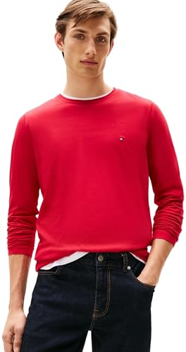 Tommy Hilfiger Herren Langarmshirt Stretch Slim Fit Baumwolle, Mehrfarbig (Medium Red), L von Tommy Hilfiger