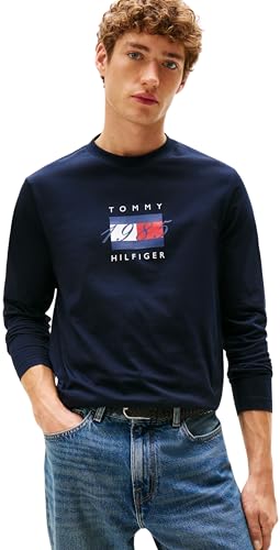 Tommy Hilfiger Herren Langarmshirts Linear Flag Graphic Regular Fit, Blau (Desert Sky), XS von Tommy Hilfiger