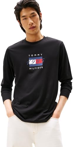 Tommy Hilfiger Herren Langarmshirts Linear Flag Graphic Regular Fit, Schwarz (Black), XL von Tommy Hilfiger