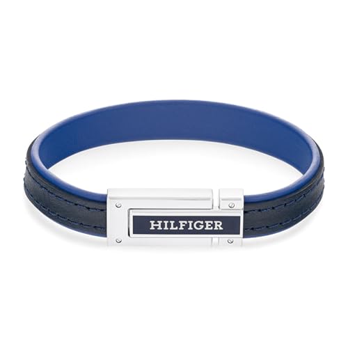 Tommy Hilfiger Herren Lederarmband flach SS24-2790559, Standard, Edelstahl und marineblaues Leder von Tommy Hilfiger