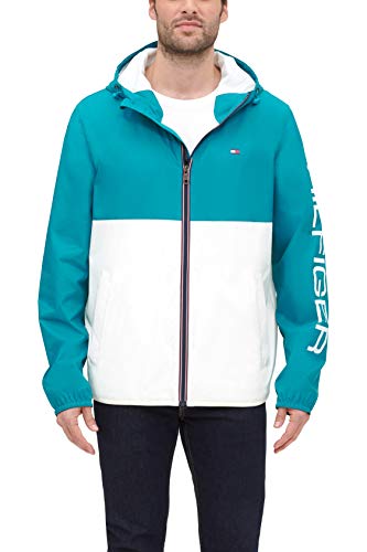 Tommy Hilfiger Herren Leichte, Wasserabweisende Kapuze Regenjacke, Blaugrün/Eisfarben, L von Tommy Hilfiger