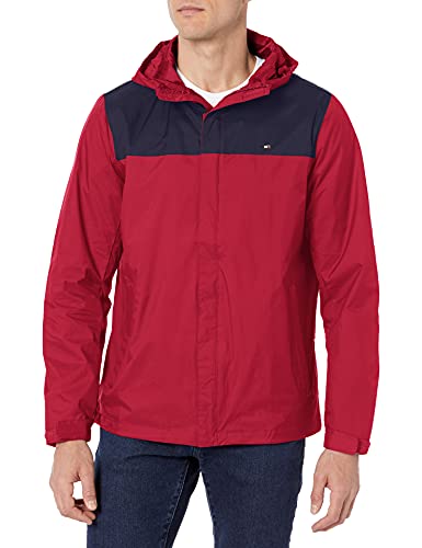 Tommy Hilfiger Herren Leichte, atmungsaktive, wasserdichte Kapuzenjacke Regenmantel, Marineblau/rot, 3XL von Tommy Hilfiger