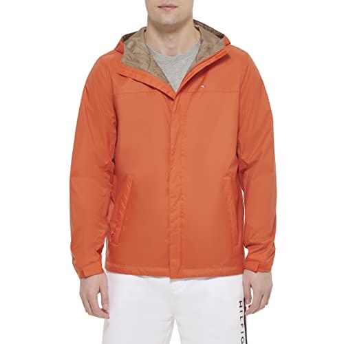 Tommy Hilfiger Herren Leichte, atmungsaktive, wasserdichte Kapuzenjacke Regenmantel, Orange/Abendrot im Zickzackmuster (Sunset Chevron), 3XL von Tommy Hilfiger