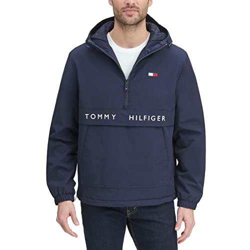 Tommy Hilfiger Herren Leistungsstarke Fleece-gefütterte Kapuzenjacke zum Überziehen Regenjacke, New Navy, Medium von Tommy Hilfiger