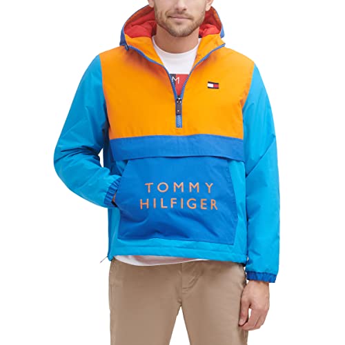 Tommy Hilfiger Herren Leistungsstarke Fleece-gefütterte Kapuzenjacke zum Überziehen Regenjacke, Orange, Large von Tommy Hilfiger