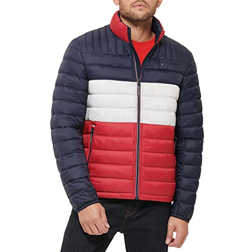 Tommy Hilfiger Herren Lightweight Down Alternative Packable Puffer Jacket Daunenalternativer Mantel, Midnight/Ice/Red Colorblock, XS von Tommy Hilfiger