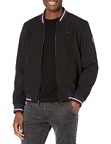 Tommy Hilfiger Herren Lightweight Varsity Rib Knit Bomber Jacket Shell-Jacke, Schwarze Softshell-Hülle, L von Tommy Hilfiger