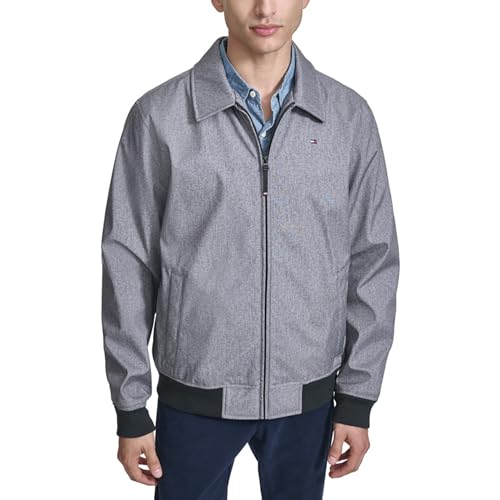 Tommy Hilfiger Herren Lightweight Water Resistant Varsity Bomber Jacket Shell-Jacke, Heather Grey Softshell W. Laydown-Kragen, S von Tommy Hilfiger