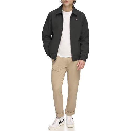 Tommy Hilfiger Herren Lightweight Water Resistant Varsity Bomber Jacket Shell-Jacke, Schwarze Softshell W. Laydown-Kragen, M von Tommy Hilfiger