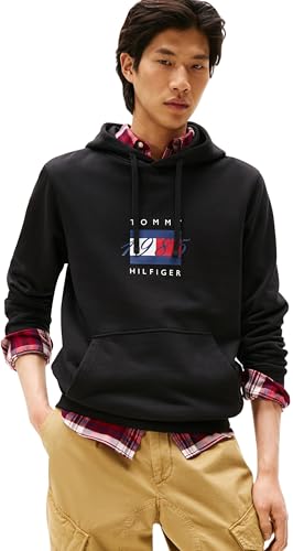 Tommy Hilfiger Herren Hoodie Linear Flag Graphic aus Baumwolle, Schwarz (Black), M von Tommy Hilfiger
