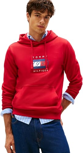 Tommy Hilfiger Herren Hoodie Linear Flag Graphic aus Baumwolle, Rot (Medium Red), XL von Tommy Hilfiger