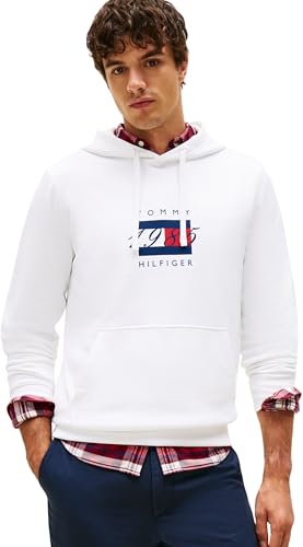 Tommy Hilfiger Herren Hoodie Linear Flag Graphic aus Baumwolle, Weiß (White), XL von Tommy Hilfiger